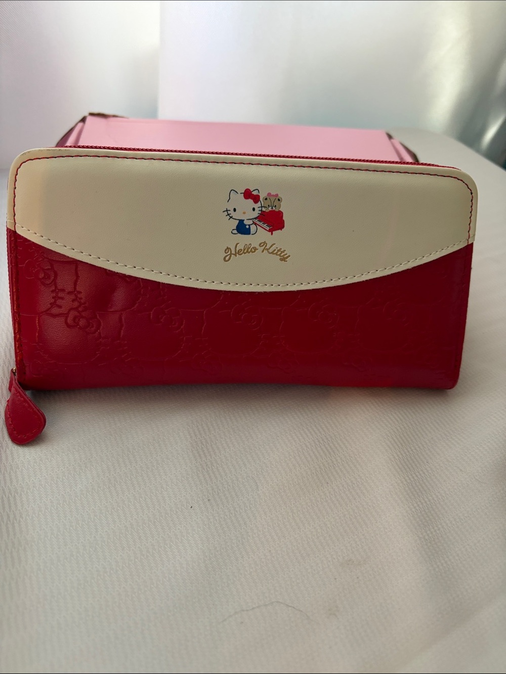 Hello Kitty Red and Cream Zip-Around Wallet with box 8”x 4”